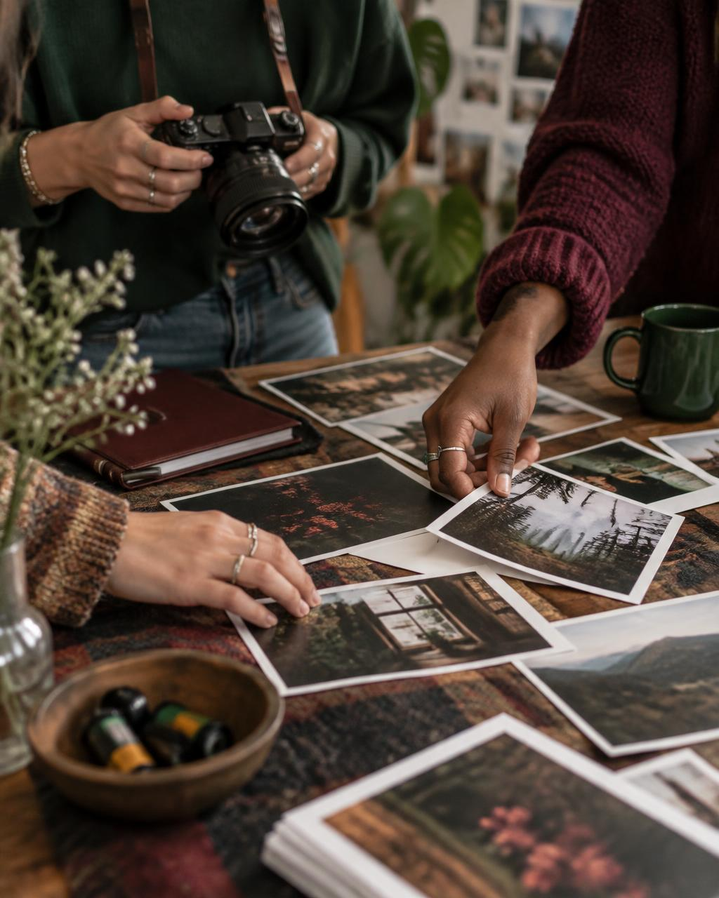 Creators reviewing printed photographs around a table